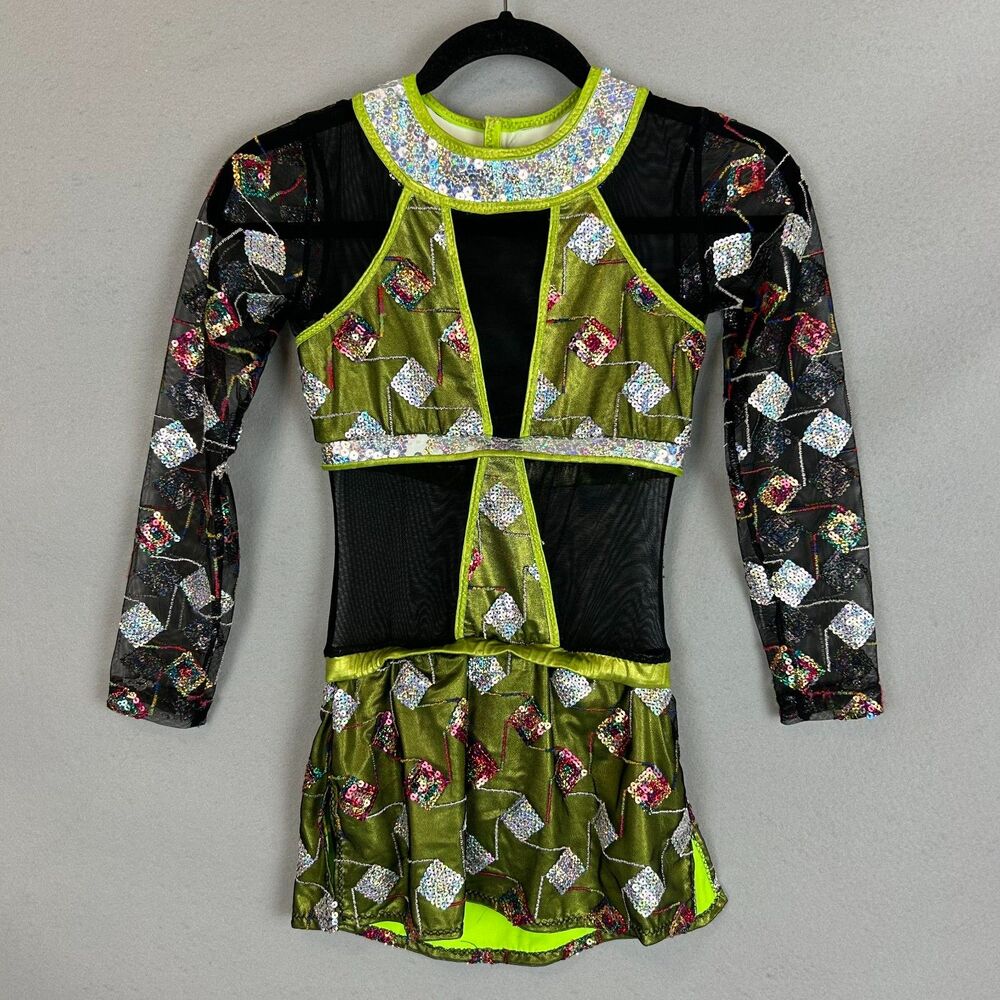 Mara Dancewear Medium Green Sequin Mesh Long Sleeve Alternative Leotard Shorts